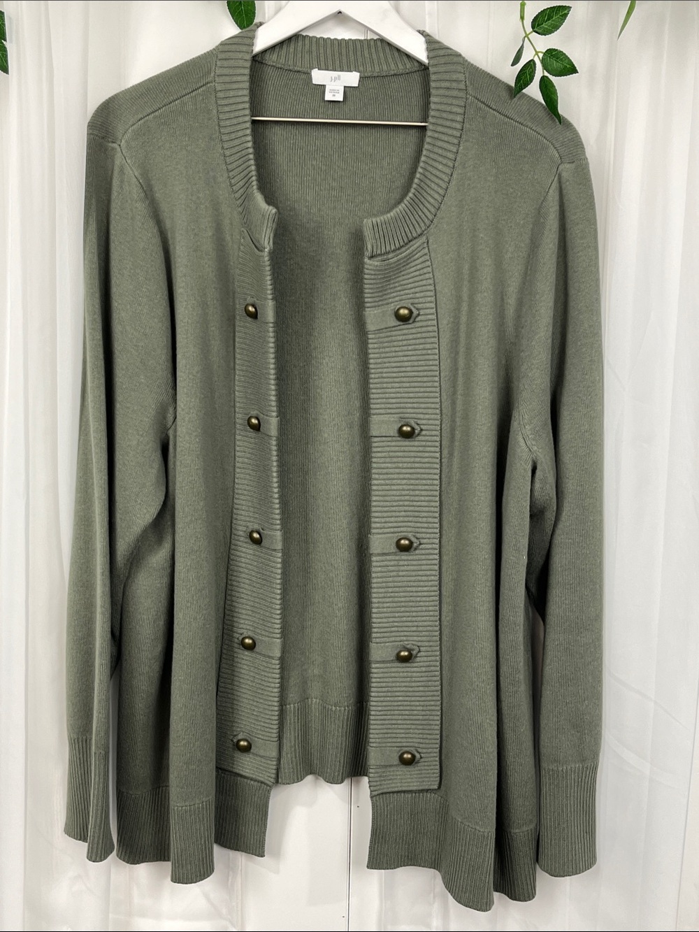 J. Jill Open Front Long Line Cardigan 2X Sage Button Details Cotton Viscose EUC